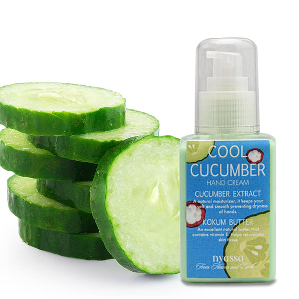 A bottle of Nyassa Cool Cucumber Hand Cream with cucumber extract and Kokum butter, displayed alongside sliced cucumbers.