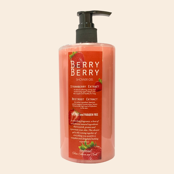 A pump bottle of Berry Berry shower gel with strawberry and beetroot extract, marketed as vegan and paraben-free.