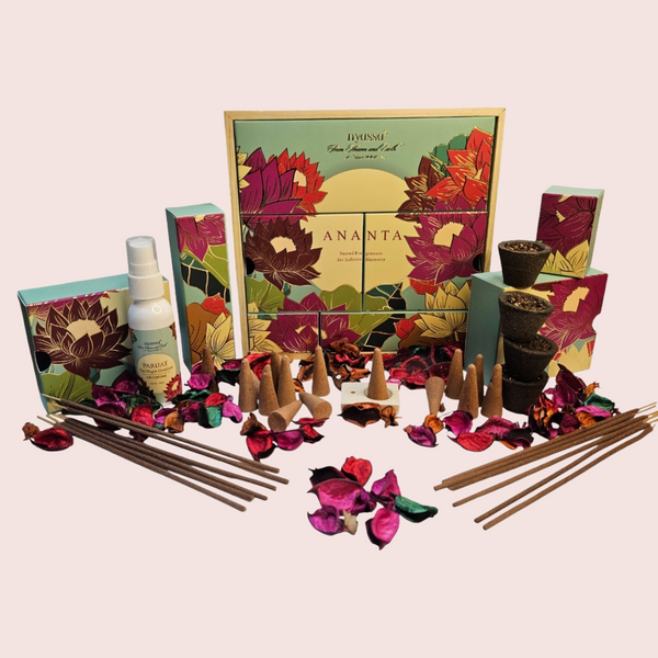 Ananta incense and aromatherapy product set with packaging on a light pink background
