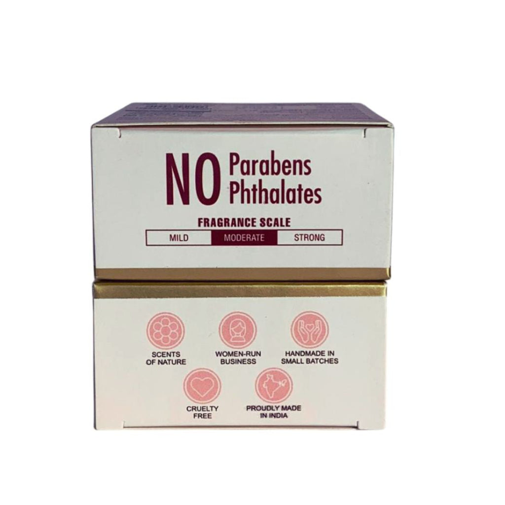 Cosmetic packaging with 'No Parabens Phthalates' text on a white background