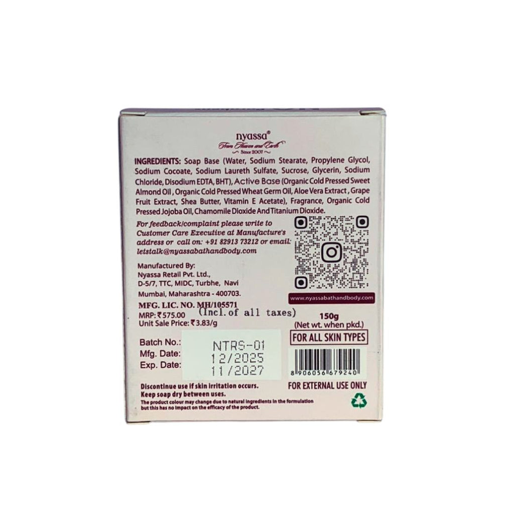 Back of a Nyassa soap packaging with ingredients list, manufacturing details, and barcode.