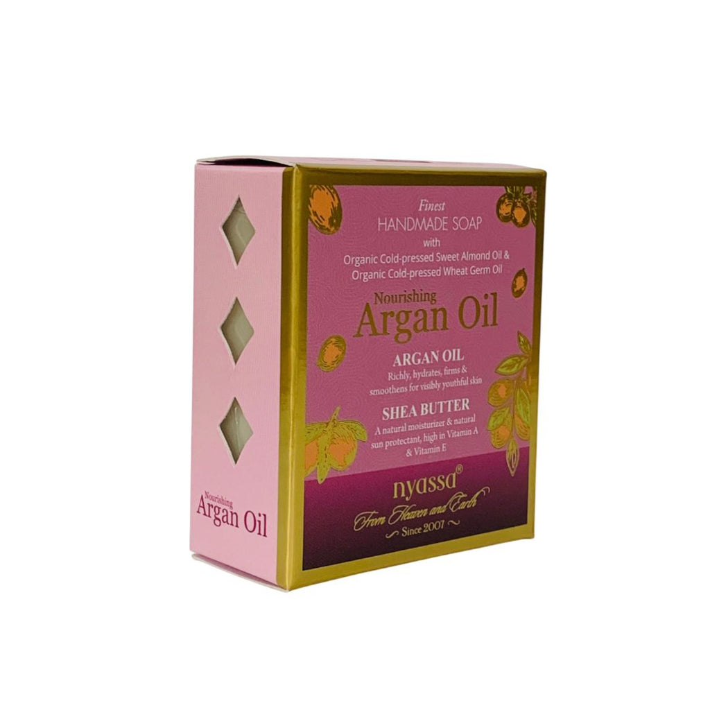 Box of Nourishing Argan Oil soap with pink and purple design on a white background