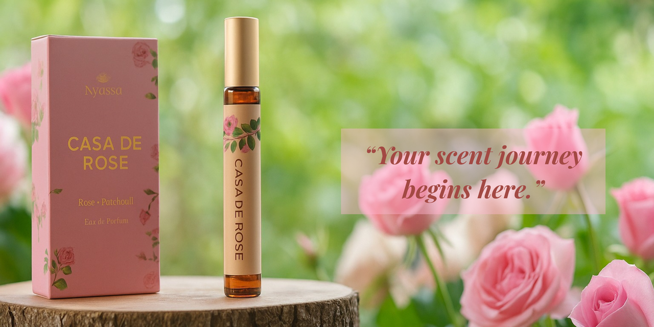 Casa de Rose perfume bottle and packaging with pink roses in the background