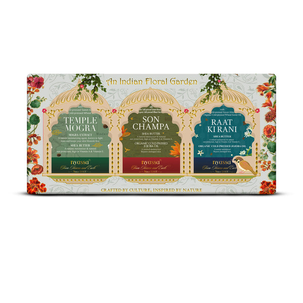 Packaging of Nivsso skincare products inspired by an Indian floral garden on a white background.