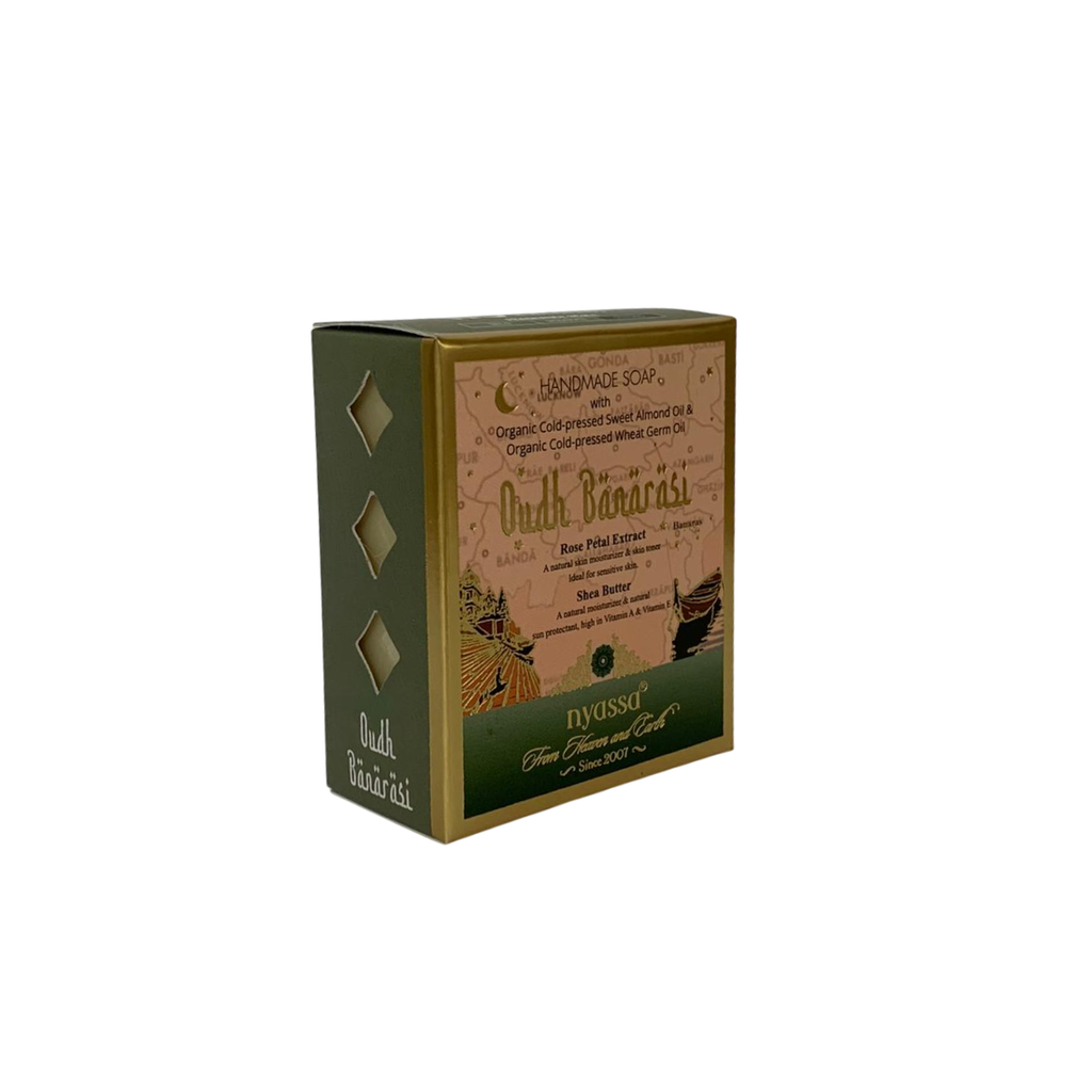 Box of D'Oudh Barakat handmade soap with green and brown design on a white background