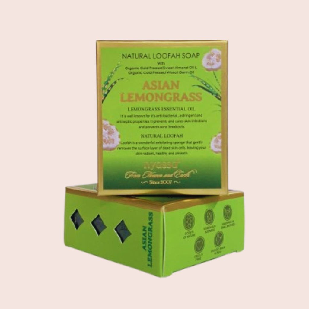 Green box of Asian Lemongrass soap on a white background