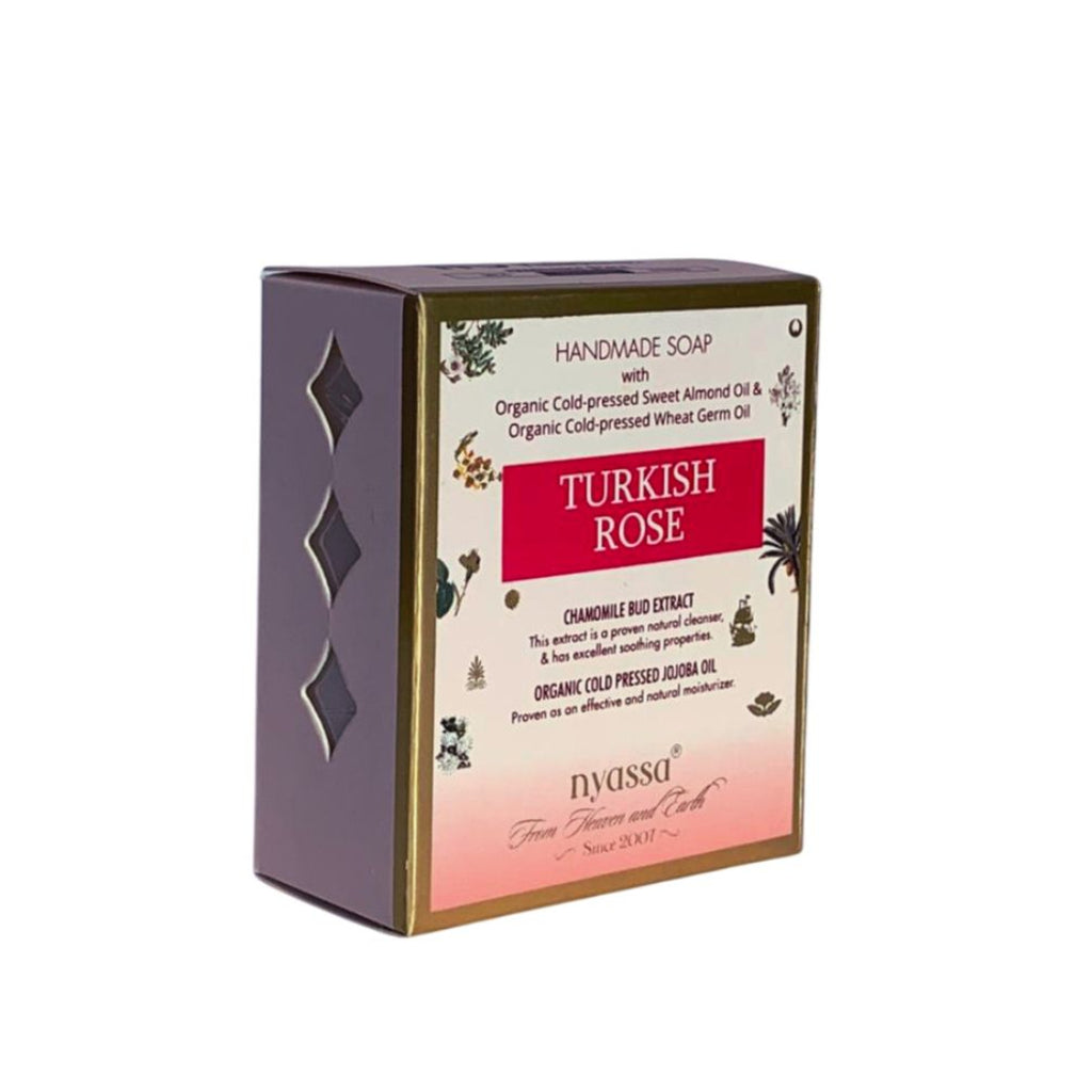 Box of handmade soap with 'Turkish Rose' branding on a white background