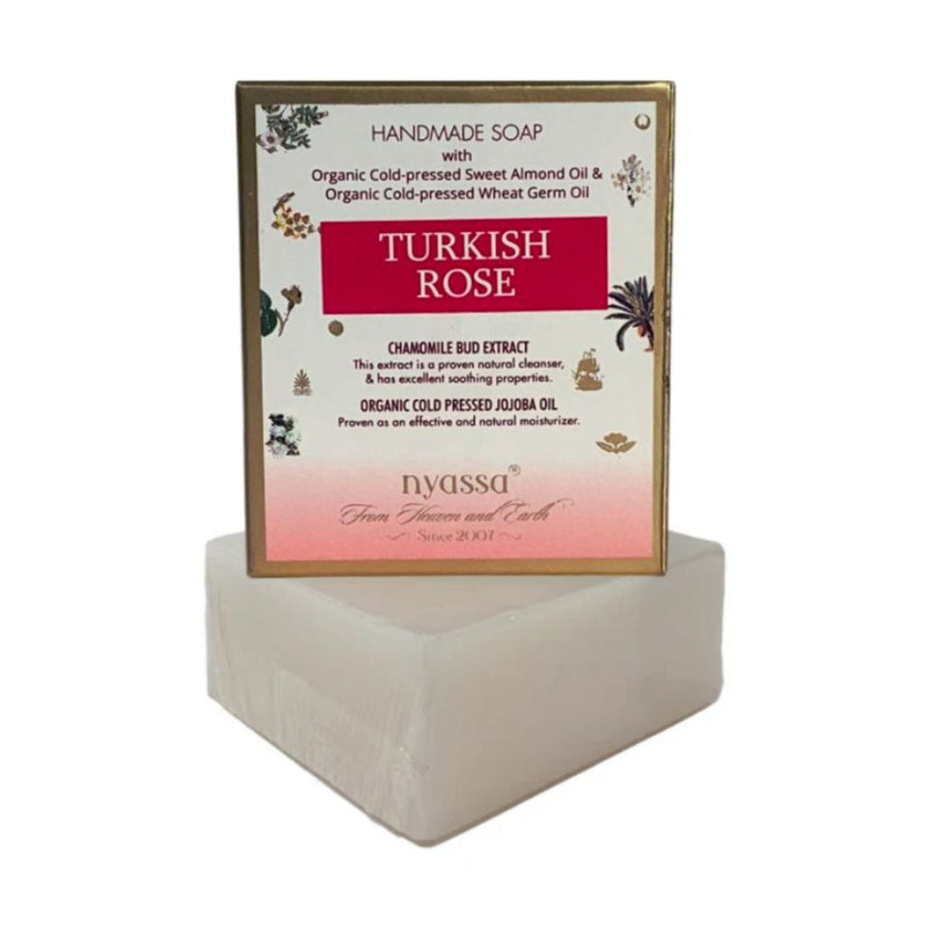 Handmade soap with a label on a white background